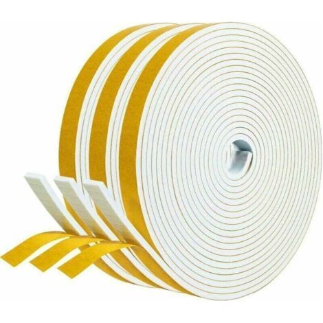 Joint adhésif Porte entree Fenetre 3 rouleaux 12mm x 3mm x 5m Joint Isolation en Mousse Caoutchouc Joint Antichoc Contre courants d'air Protection Meuble Mur Poignée -Mousse blanc film jaune
