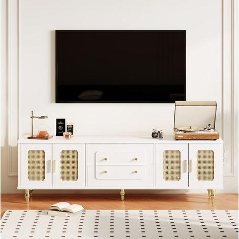Mobile TV con Maniglie Dorate, Ampio Contenitore, Anta in Rattan, Piedi Metallici (1/5)