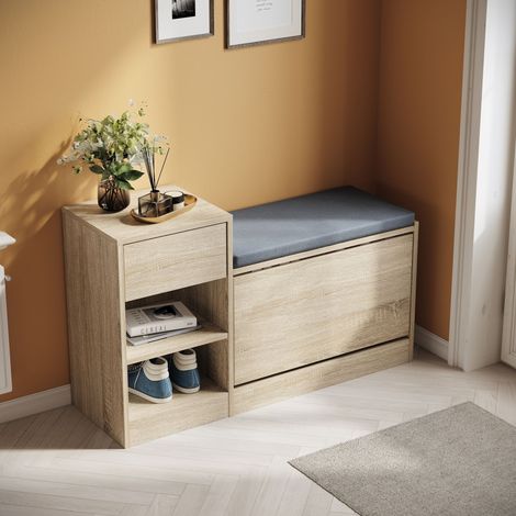 SONNI Schuhbank mit Sitzkissen, Schuhschrank mit Klapptür und Schublade, Multifunktional Schuhablage, Holzoptik, 945 x 570 x 300 mm (1/5)