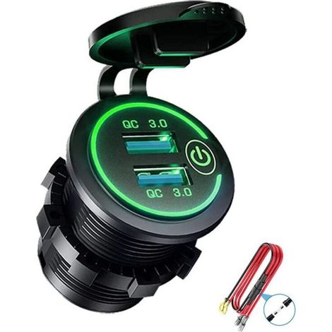 3.0 Dual USB Charger Socket, 12V/24V Waterproof USB Outlet with Touch Switch for Car, Marine, Boat, RV, Green (1/5)