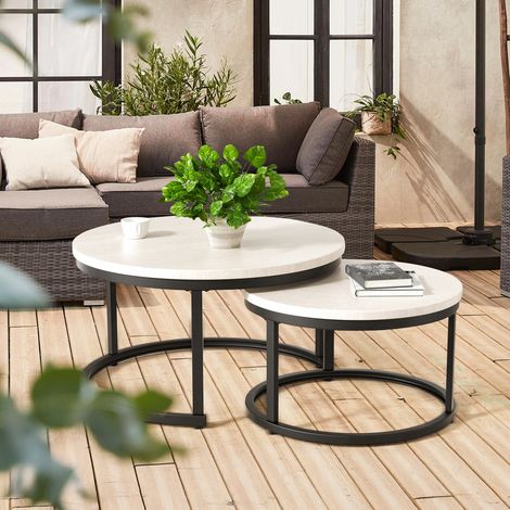 2 Stücke Beistelltisch Set rund, Couchtisch aus Holz mit Metallrahmen,Moderne Kaffeetische Satztische für Wohnzimmer Schlafzimmer Weiß (1/5)