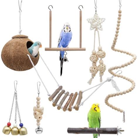7 Pcs Oiseau Perroquet Jouets, Cage À Oiseaux De Noix De Coco Naturelle avec Échelle,Hamac d'escalade À Balançoire, Chaîne Perchés pour Oiseaux, Perroquets, Perruches,Petite Aras, Oiseaux Inséparables (1/5)