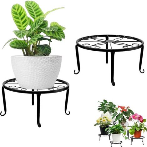 Lot de 2 supports pour plantes - Support rond en métal - Noir - 23 x 12 cm - Support pour petits pots de fleurs - Pieds antidérapants - Noir (1/5)