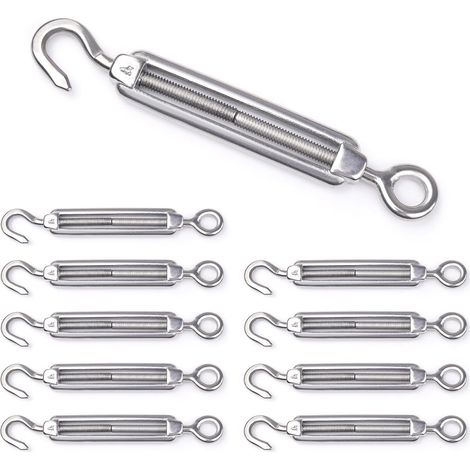 Tendeur de câble 304 inoxydable 10 pièces M4 M5 M6 M8 M10, crochet et œil, ridoir réglable pour hauban, tendeur de filin acier, fixation pour voile d'ombrage et quincaillerie de serrage (M8) (1/5)