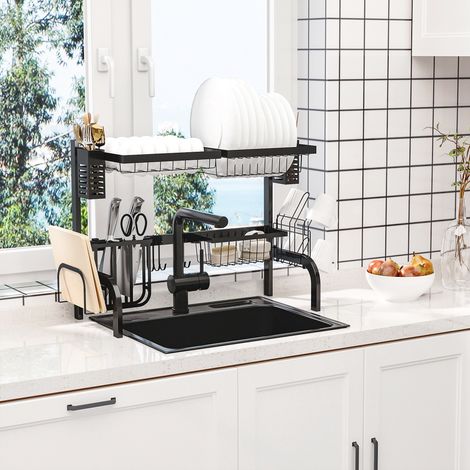 Scolapiatti in acciaio a 2 livelli HOMCOM per lavello con supporti differenziati e 5 ganci, 65x31,5x52,5 cm, nero.