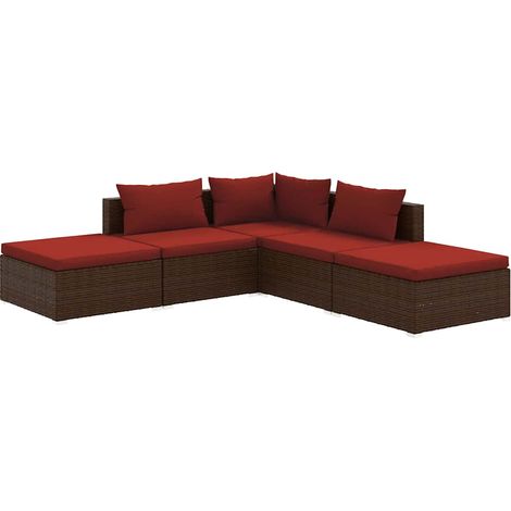 Salon de jardin 5 pcs Mobilier de jardin avec coussins résine tressée marron (1/5)