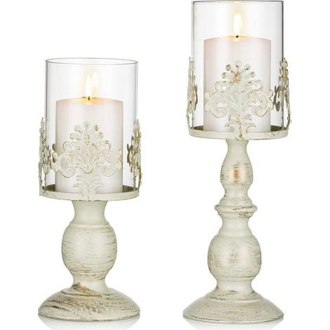 2 pièces Bougeoir Divers accessoire de portail, hauteur 27 cm et 33 cm, finition vieillie ivoire ou noir, abat-jour en verre, pour décoration de table (1/5)