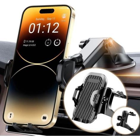 Support Téléphone Voiture - Ventouse + Clip Aération + Bras Télescopique - Pour Tableau De Bord Pare-Brise Grille - Universel 52-92 mm - 1 Pièce (1/4)