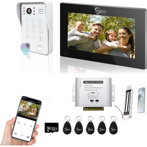 Video intercom system with 7-inch touchscreen, wired 1080p doorbell system, fingerprint recognition, RFID card, password and electromagnetic lock. White. (1/5)