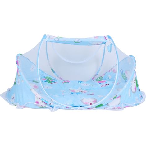 Lit bébé pliable anti-moustiques avec oreiller et matelas en coton - Fournitures pour bébé pour la maison et l'extérieur (Bleu) (1/5)