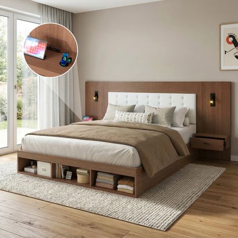 Bett modern MDF Walnuss 180x200 cm mit Kopfteil, 2 Nachttischen, USB/Type-C, drehbaren Leselampen und Stauraum (1/5)