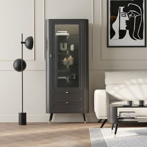 Vitrina Lolaleha, Mueble Expositor 4 Estantes, 2 Cajones, Una Puerta, 78x40x192h cm Negro (1/3)