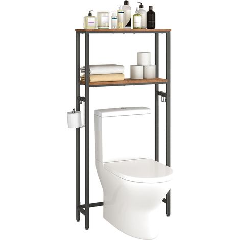Étagère de Toilettes, Étagère WC à 2 Niveaux, Étagère de Salle de Bain, Meuble Toilette, Gain de Place, Montage Facile, Marron Rustique et Noir EBF49TS01 (1/5)