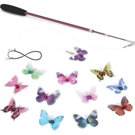 Butterfly Toys for Cats - 13 Pieces Retractable Fishing Rod Toy, Wand Sticks with 9 Replacement Toys for Cats with Bells, Interactive Toy for Cats and Kittens (1/5)