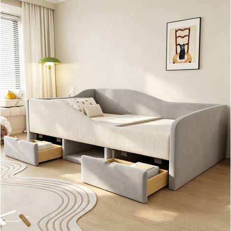 Lit enfant 90x190 cm avec rangements, barrières de sécurité et sommier à lattes, velours gris (1/5)