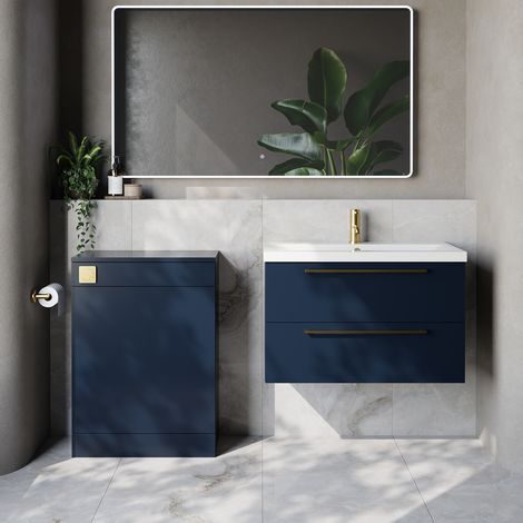 Napoli 390 Cento Deep Blue 1400mm Wall Mounted 2 Drawer Vanity Unit and Toilet Suite with Glide Basin - 1400mm - Brushed Brass 480mm HandleWithout Kingston Toilet Pan