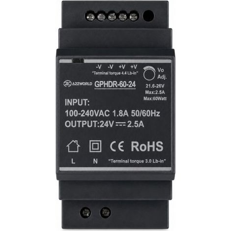 Alimentatore Trasformatore Da Guida Barra DIN 60W, 3 Moduli, Serie HDR-60, Disponibili DC 12V 24V (DC 24V)