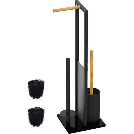 Serviteur WC, Non Fixe, Porte-Rouleau, mélange de matériaux, H x L x P : 65 x 21 x 18 cm, Noir et Nature (1/5)