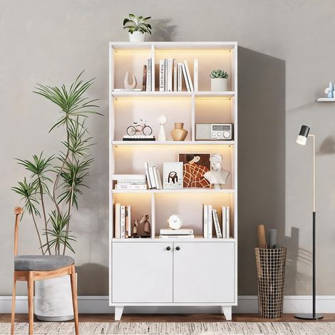 Bibliothèque blanche en bois massif et MDF avec éclairage LED (1/5)