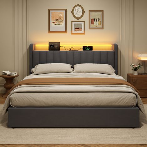 Cama tapizada 180x200 cm con arcón de almacenamiento, puerto USB y luz ambiental, terciopelo gris oscuro DESVIAE (1/5)