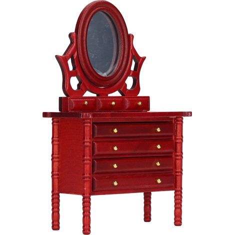 Coiffeuse pour maison de poupée à l'échelle 1:12, miniature détaillée en bois avec miroir, couleur rocou. (1/5)