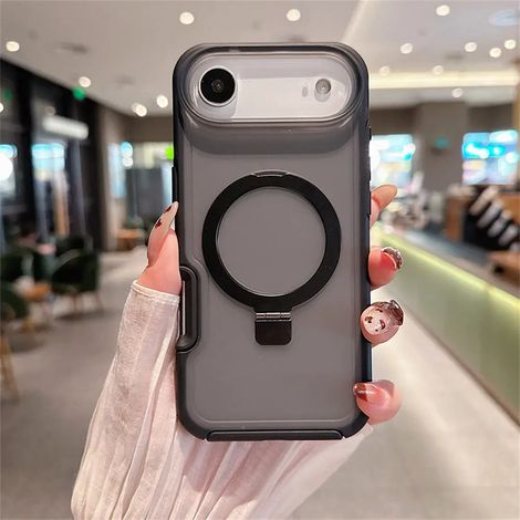(Noir, iPhone 15) Étui de téléphone avec anneau magnétique, coque de protection antichoc transparente givrée en PC+TPU