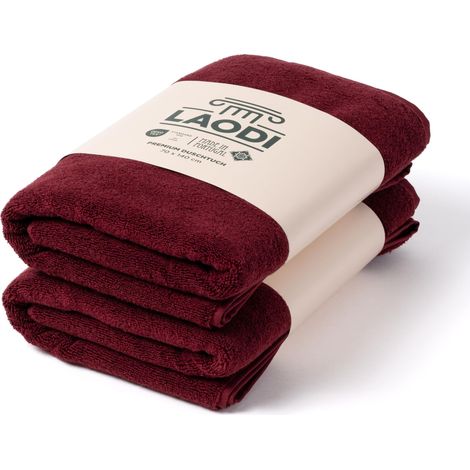 Lot de 2 serviettes de douche 70 x 140 cm en 100 % coton - 570 g/m² - Absorbantes et douces - Fabriqué au Portugal - Rouge Merlot (1/5)