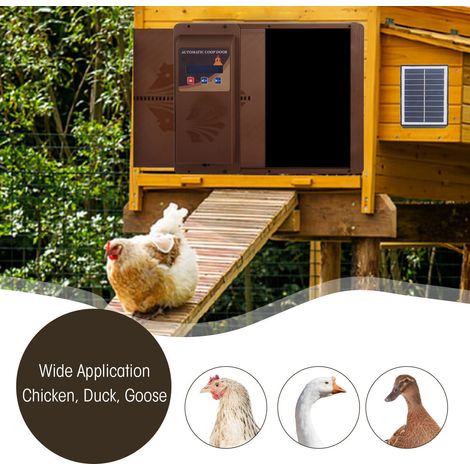 Porte automatique poulailler solaire USB avec minuterie, écran LED programmable, 3 modes d'alimentation, ouverture horizontale, marron (1/5)