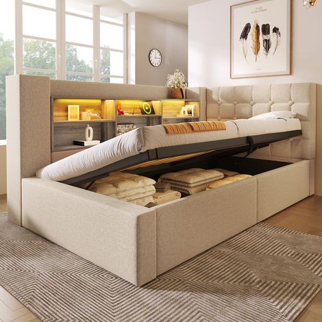 Bett mit Stauraum 90x190 cm mit LED-Beleuchtung und hydraulischem Stauraum, wendbarem L-förmigem Kopfteil, Lattenrost, Leinen, beige (Matratze nicht im Lieferumfang enthalten)