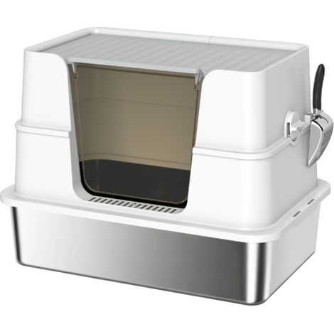 Lettiera per gatti in acciaio inox, capacità extra large, paletta inclusa, colore grigio chiaro, spedizione in loco. (1/5)