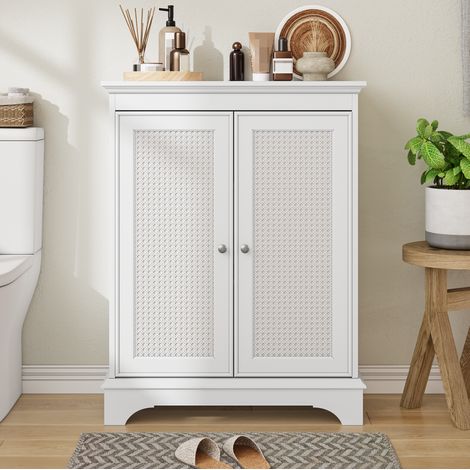 Mueble de baño de pie boho en MDF blanco con puerta efecto ratán y estante interior regulable (1/5)