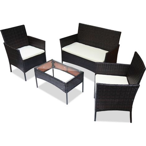 Jopassy Set di mobili da giardino in resina intrecciata nera - 4 posti - Divano + Poltrona + Tavolo (1/5)