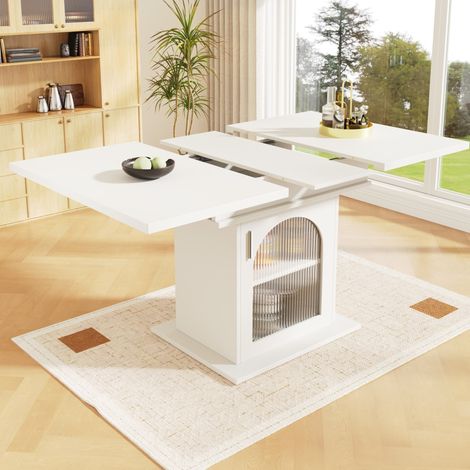 Table de salle à manger en MDF et verre 110-140 x 80 x 76 cm blanche extensible (1/5)