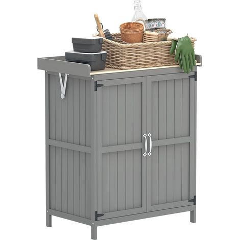Abri de jardin, abri à outils extérieur, avec plan de travail, bois et inox, double porte, gris bois traité contre les insectes et la pourriture