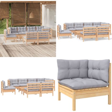 Set Divani da Giardino 9 pz con Cuscini Grigi Massello di Pino - Divano angolare - Cuscino da giardino