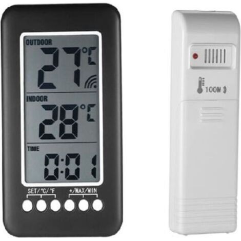 Thermomètre sans fil 2-en-1 pour intérieur et extérieur avec écran LCD, plage de mesure −30 °C à +70 °C, portée jusqu’à 100 m