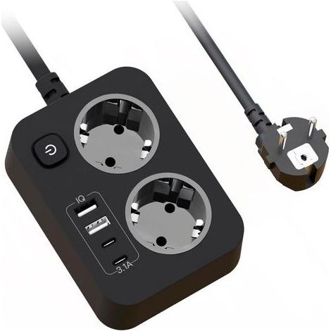 Multiprise 2 Prises avec USB, Rallonge Electrique Multiprise Plate Murale avec Interrupteur, Portable Bloc Prise Multiple avec Protection Surtension et Cable 1.8m pour Bureau Maison Voyage, Noir (1/5)