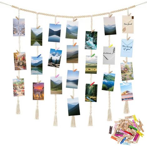 120×90cm Porte Photo Mural, Décoration Murale Bohème, Pele Mele Photo Mural - Avec 50 Clips En Bois Et Colorés, Photos, Cartes Postales, Enveloppes En Display (1/5)