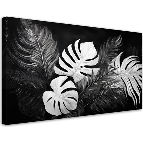 Tableau déco Monstera Feuilles Noir et Blanc 80x40 (1/5)