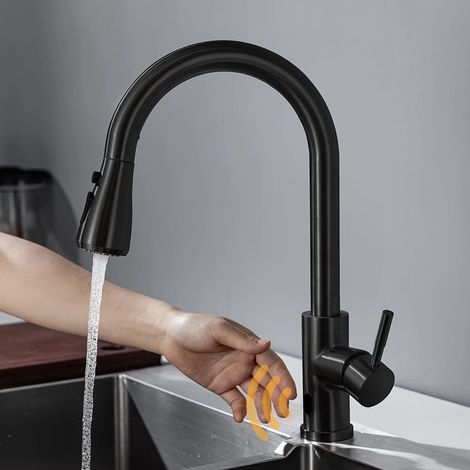 (hwx-noir) Robinet de cuisine intelligent sans contact Crane pour mitigeur d'évier à capteur rotatif, mitigeur d'eau à capteur rotatif (1/5)