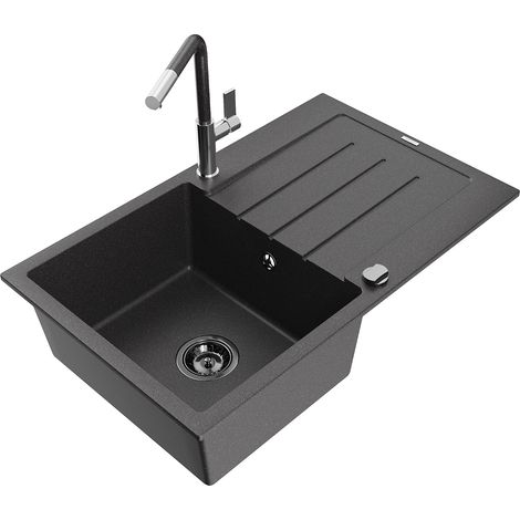 Mexen Bruno 1 Becken-Granitspüle mit Abtropffläche und Mischbatterie Flora, Schwarz gesprenkelt - 65