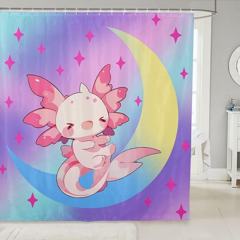 Rideau Douche 180x210cm Axolotl Fille Rideaux de Douche Animal Dessin Animé Rideau de Baignoire Étoile Lune Rideaux Salle de Bain Faune Monde sous Marin - 180L X 210H cm (1 Panneaux) (1/5)