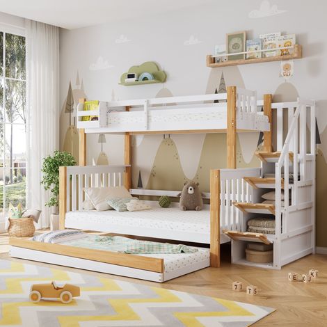 Lit superposé pour enfants avec retombées et rails, avec trois couchettes, lit gigogne, escalier, blanc + couleurs naturelles, 90x200 & 120x200 cm (1/5)