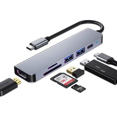 Hub USB C - 6 En 1 - HDMI 4K 30 Hz - USB 3 0 Et 2 0 - Lecteur Carte SD TF - Charge Rapide PD 87 W - Pour Ordinateur Portable USB C - 1 Piece (1/4)