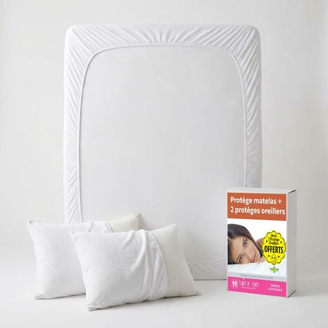 Sweetnight - Lot Protège-Matelas 140x190 + 2 Protège-Oreillers 65x65 - Bouclette Éponge Coton Absorbante - Forme Drap Housse - Silencieux