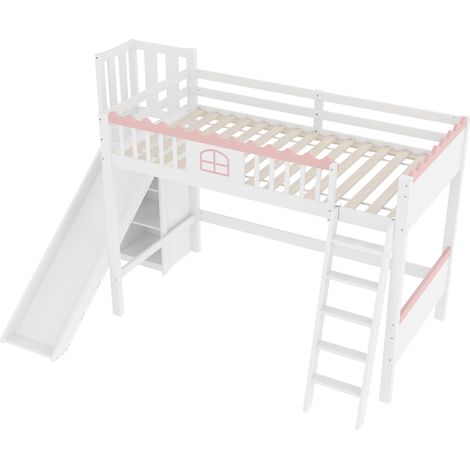 Kinder-Hochbett 90x200 cm aus Kiefer und weißem MDF mit LED, Regalen und Rutsche (1/5)
