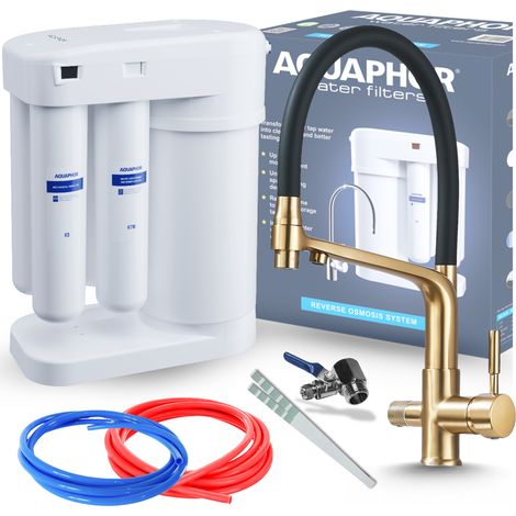 Kit de filtro de agua potable por ósmosis inversa Aquaphor Morion 101S + grifo de cocina flexible de tres vías - Oro cepillado (1/5)