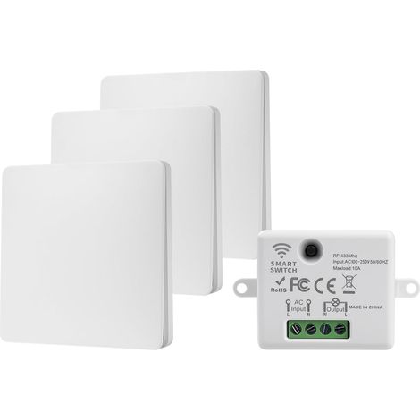 Interruttore wireless 230V, interruttore wireless bidirezionale 10A 433MHz, interruttore di illuminazione radiocontrollato senza batteria, portata 30M, nessun cablaggio richiesto, 1 ricevitore, 3 cont (1/5)