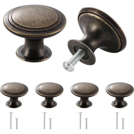 4 Pièces Bouton de Meuble Vintage, Bouton de Tiroir Bronze, 30 mm Ronds Poignee de Porte Cuisine, Chic Boutons de Portes en Alliage de Zinc avec Vis Assorties (1/5)