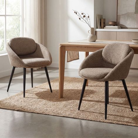 Wahson Chaise de Salle à Manger en Chenille Lot de 2, Chaise de Cuisine Moderne avec Dossier Rond et Pieds en Métal Noir, pour Salon/Chambre, Marron (1/5)